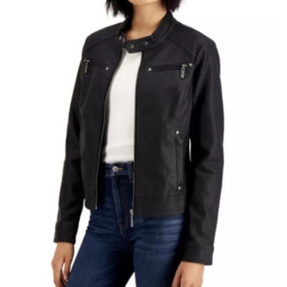 Faux-Leather Black Moto Jacket Size Large - Picture 2 of 9